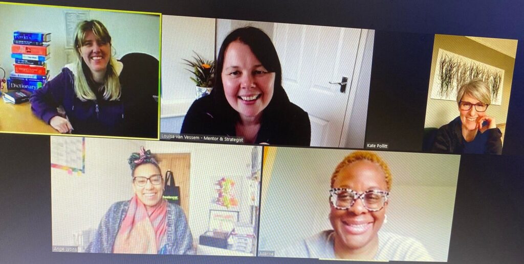 Image of a screenshot of 5 women on Zoom