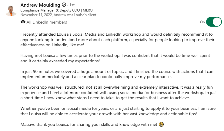 Testimonial from a linkedin and social media workshop I ran online