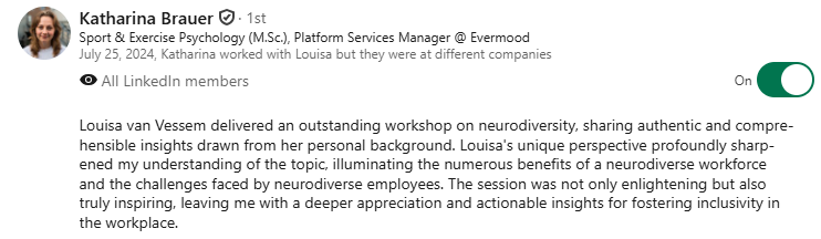 Testimonial from the Neurodiversity Workshop I ran online for a company in Germany